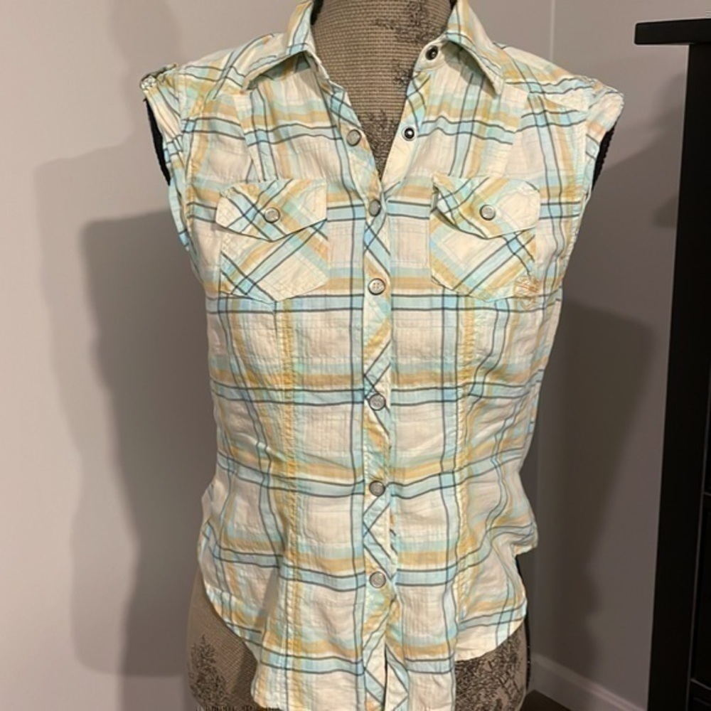 Harley Davidson capped sleeve white/blue/orange plaid embroidered logo top XS - Picture 4 of 13